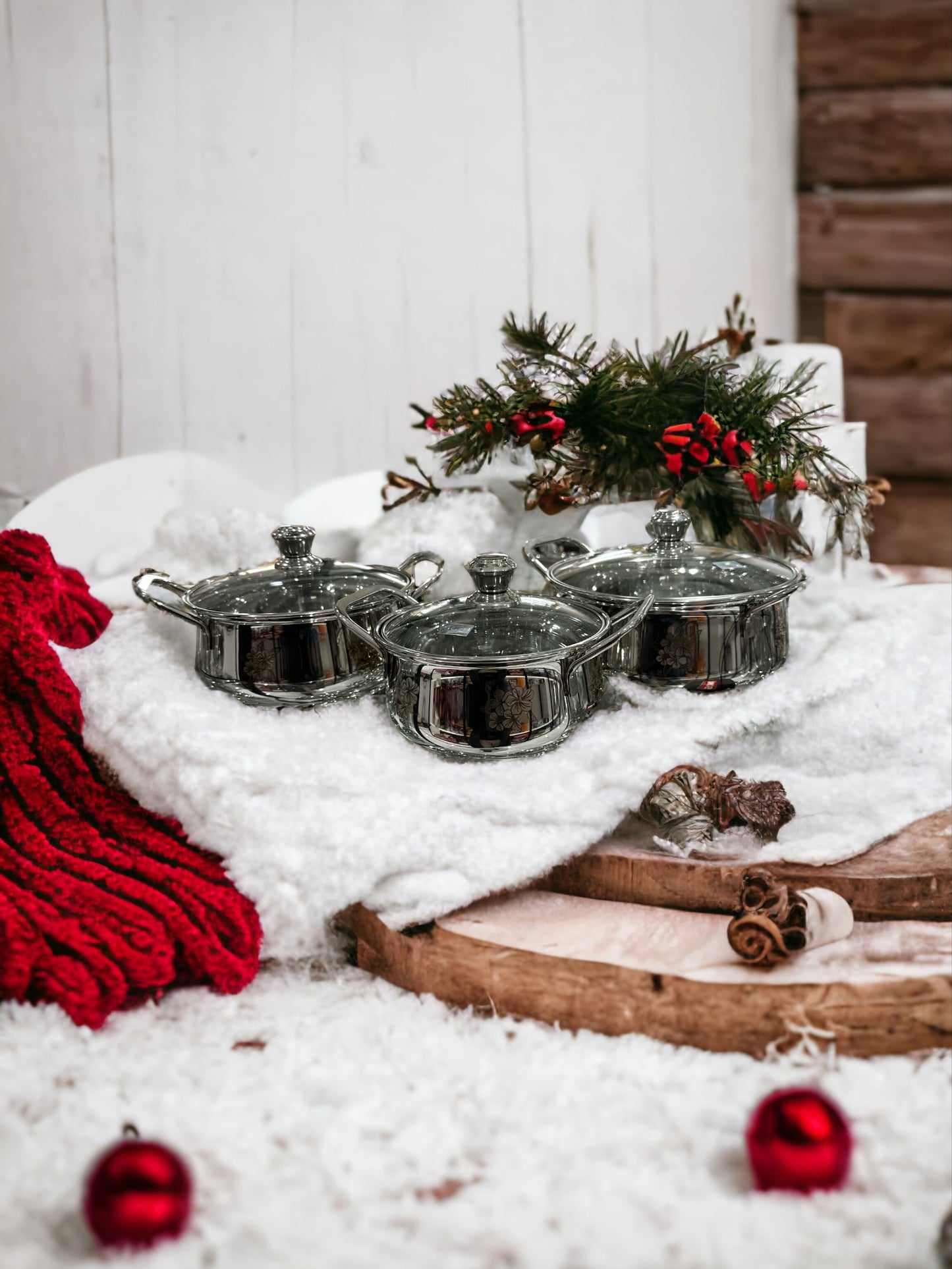 3Pc Silver Serving Dishes W/ Glass Lid